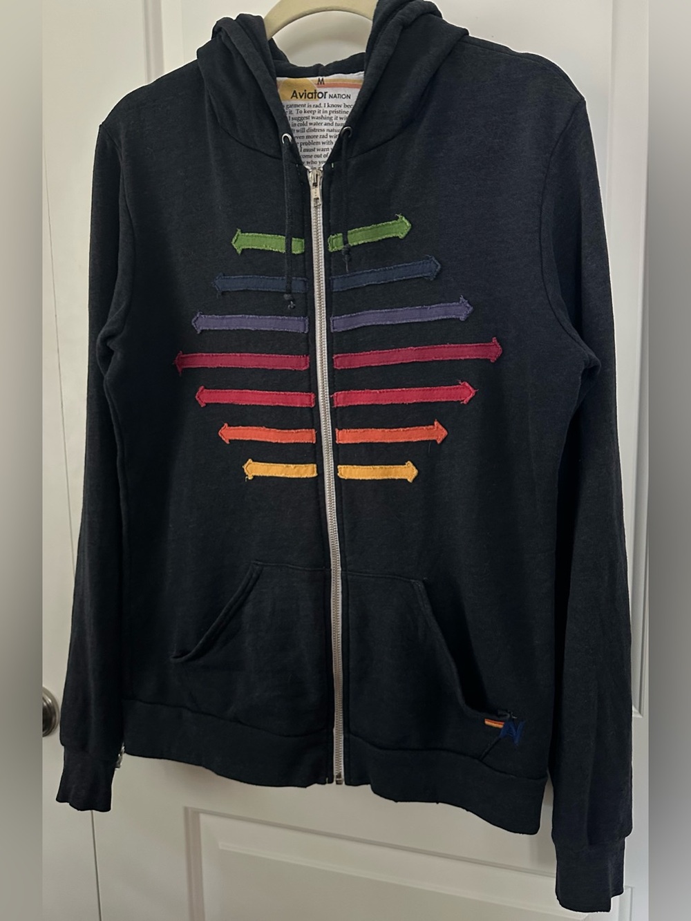 Aviator Nation Black Rainbow Zip Hoodie Medium USA Applique Graphic
